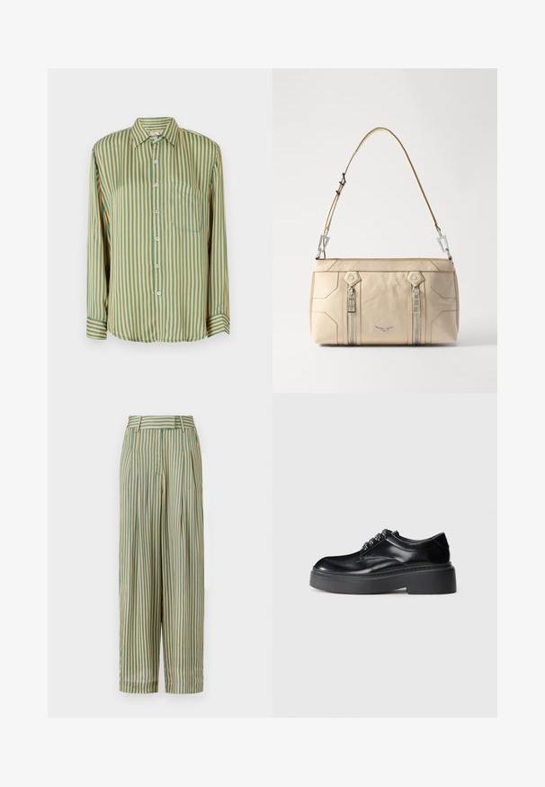Srajca z dolgimi rokavi in gumbi, s takšnim vzorcem: zeleni in rumeni navpični črti. Ima žep na prsih in modre gumbe. Narejena je iz gladkega materiala.; MILLE CARA PANT - Hlače - almond/green; Črne usnjene čevlje z zaobljenim nosom, debelim platformnim podplatom in dekorativnim čipkastim detajlom. Gladka tekstura in kontrastno šivanje sta opazna.; Bežna usnjena torbica z argentinsko kovino, dvema stranskima zadrgama, strukturirano zasnovo in snemnim trakom za vsestranskost.