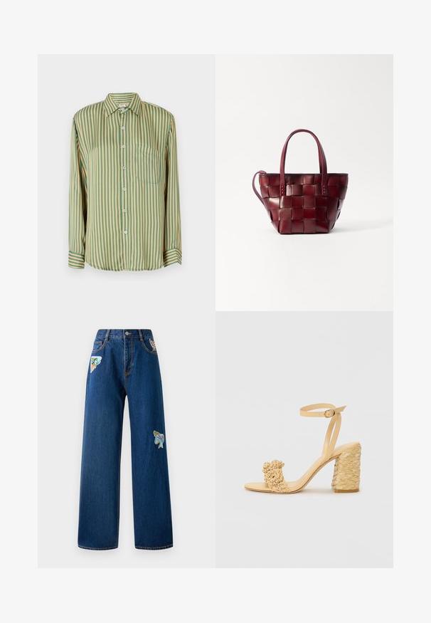 Camicia con maniche lunghe, bottoni e righe verticali verdi e gialle, dotata di taschino sul petto e bottoni blu. Realizzata in tessuto morbido.; Jeans a gamba larga in denim blu scuro con due toppe ricamate colorate sulla parte anteriore. Presentano tasche standard e dettagli di cucitura visibili.; Sandalo beige con tacco alto e texture intrecciata, dotato di un fiore decorativo e di una cinghia alla caviglia. Il tacco quadrato offre stabilità.; Borsa a tote in pelle borgogna intrecciata con due manici corti e una tracolla rimovibile. Presenta una forma strutturata e una texture liscia.