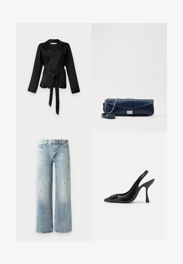 Črna satenasta wrap majica z dolgimi rokavi, globokim V-izrezom in pasom z vezanjem. Ima gladko teksturo in sproščen kroj.; Svetlo modri široki jeans narejeni iz denima, z gradientnim barvnim učinkom in okrasitvami iz srebrnih rhinestones v vertikalnem vzorcu.; Črne usnjene slingback čevlje s koničastim prstom, ozko visoko peto in dekorativnim naglavnim poudarkom. Gladka tekstura in eleganten dizajn.; Navy modra usnjena torbica z teksturo krokodila, srebrn trak in kovinsko zapiranje. Pravokotna oblika z zapiranjem na pregib.