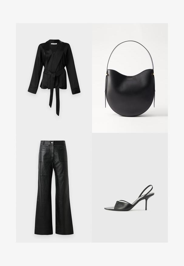Czarna satynowa bluzka z długim rękawem, głębokim dekoltem w kształcie litery V i wiązanym paskiem w talii. Charakteryzuje się gładką teksturą i luźnym krojem.; Czarne skórzane spodnie o szerokich nogawkach z przednimi kieszeniami i zapięciem na guzik. Materiał jest gładki z delikatnym połyskiem i widocznymi detalami szwów.; Czarne skórzane sandały na wysokim obcasie z ostro zakończonym noskiem, cienkim paskiem wokół kostki i obcasem typu stiletto. Posiadają węzeł na przodzie.; Czarna skórzana torba na ramię o zakrzywionym kształcie, cienkim uchwycie i subtelnych złotych akcentach. Gładka faktura z minimalistycznym designem.