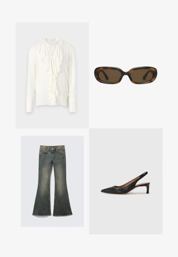 White blouse with long sleeves and a ruffled front placket, featuring a round neckline and button closure. Soft, lightweight fabric.; Striped short-sleeve polo shirt with a ribbed texture. Colors: white and black. Features a V-neck and a soft, contrasting collar.; Flared denim jeans in a faded blue color with a classic five-pocket design, featuring a slight texture and visible stitching accents.; Black leather slingback pump with a pointed toe, low heel, and a smooth texture. Features a thin adjustable strap for a secure fit.; Tortoiseshell sunglasses with a smooth, rounded rectangular frame and brown lenses. Features thin, curved arms with a glossy finish.; Black leather handbag with long handles, rectangular shape, smooth texture, and angled sides, featuring a minimalist design and no visible hardware.