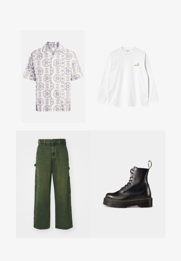 Cămașă cu mânecă scurtă în crem și bleumarin, având un model general de motive florale și geometrice, cu guler decupat și nasturi pe față.; Tricou alb din bumbac cu mânecă lungă și guler rotund, având un mic logo galben și burgund pe pieptul stâng. Manșete și tiv fără cusături.; Pantaloni cargo din denim verde cu picioare largi, având buzunare laterale, textură decolorată și închidere clasică cu buton și fermoar.; Botine din piele neagră, cu șireturi, până la gleznă, cu o talpă chunky neagră și cusături galbene. Dispune de o etichetă de tragere la spate și orificii metalice circulare.