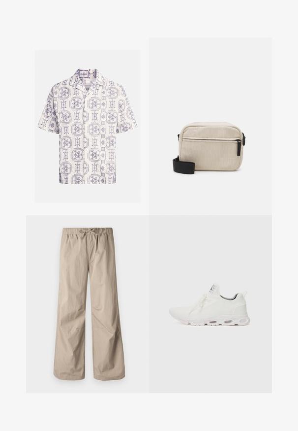 Short-sleeved shirt in cream and navy, featuring an all-over pattern of floral and geometric designs, with a notched collar and front buttons.; Beige wide-leg pants with an elastic waistband and drawstring. Smooth texture, two side pockets, and minimal seams for a relaxed fit.; White athletic shoes featuring a textured knit upper, flat laces, and a cushioned sole with visible air chambers for added support.; Cream-colored corduroy crossbody bag with a black zipper, removable strap, and textured pattern. Features one main compartment and front pocket.
