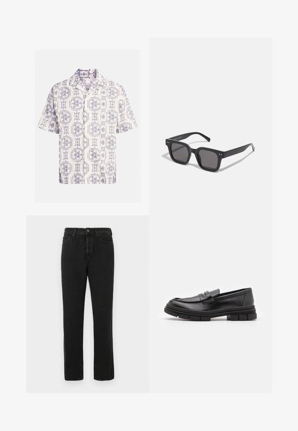 Short-sleeved shirt in cream and navy, featuring an all-over pattern of floral and geometric designs, with a notched collar and front buttons.; Black straight-leg denim jeans with front button and zip closure, belt loops, and five-pocket design, displayed on white background.; Black leather loafers with a smooth finish, featuring a front strap detail and a chunky rubber sole with grooved accents.; Black rectangular sunglasses with dark lenses, featuring a thick frame, subtle accents on the sides, and no visible logos beyond the brand name.; Silver stainless steel quartz watch with a black rectangular face, featuring analog hands, digital display, and water resistance label.