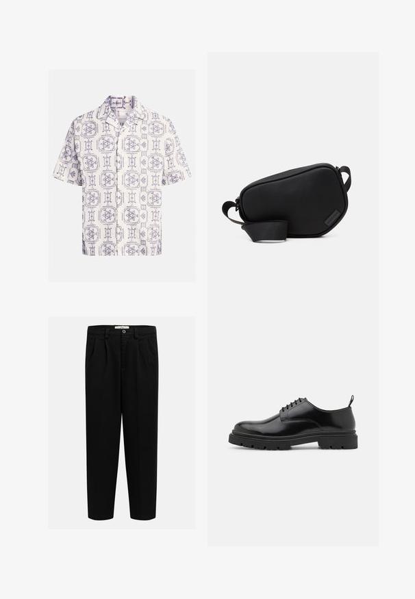 Kratke rokave srajca v kremni in mornarsko modri barvi, z vsepovsod prisotnim vzorcem cvetlic in geometrijskih oblik, z izrezanim ovratnikom in sprednjimi gumbi.; Črne hlače iz mehke tkanine, s pravim krojem, sprednjimi gubami in gumbom za zapiranje na pasu.; Črne usnjene čevlje za vezanje z zaobljenim nosom, gladko teksturo in rebrastim gumijastim podplatom. Imajo majhno peto in zanka na zadnji strani.; Črni nahrbtnik za čez ramo z zadrgo je izdelan iz gladkega materiala, ima raven obliko, en trak in majhen logotip. Minimalističen dizajn.