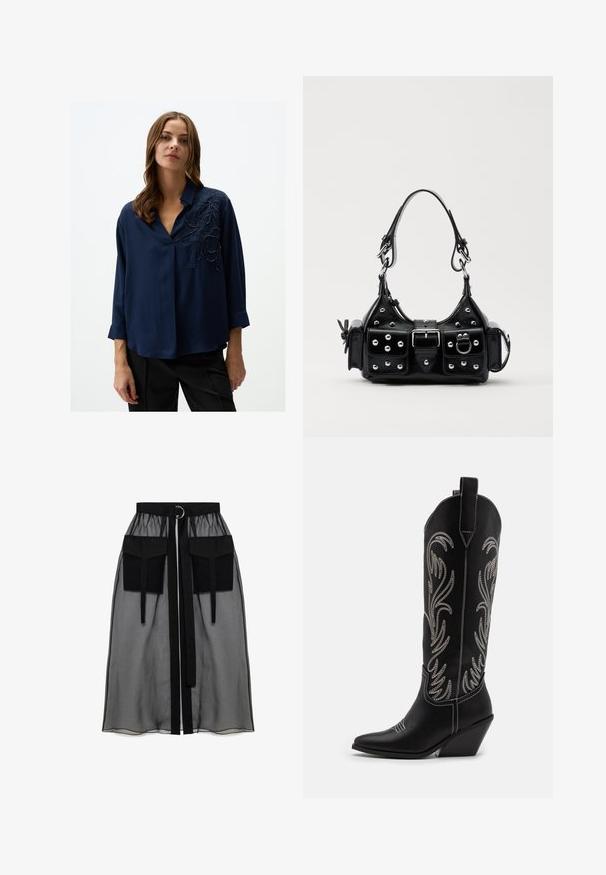 Navyblauwe blouse met V-hals, 3/4 mouwen en ingewikkelde zwarte bloemenborduursels aan de linkerkant. Glad materiaal met een subtiele glans.; Zwarte doorschijnende rok met een verzameld tailleband, voorzien van twee grote voorzakken, een tailleband met strik en een ronde metalen accent.; Zwarte leren cowboylaarzen met spitse neuzen, wiggenhakken en zilver geborduurde bloemmotieven langs de schacht. Contrasterende stiksels overal.; Zwarte lederen handtas met een gebogen ontwerp, voorzien van zilveren studs, een gesp en twee zijvakken. Verstelbare schouderband voor verschillende draagmogelijkheden.