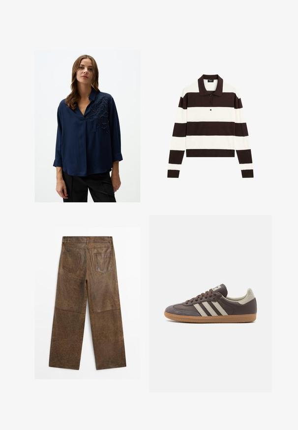 Navy blue blouse with a V-neck, 3/4 sleeves, and intricate black floral embroidery on the left side. Smooth fabric with subtle sheen.; Long-sleeve polo shirt featuring alternating dark brown and white horizontal stripes, a collar, and a buttoned placket. Made of soft fabric.; Brown leather wide-leg pants with two back pockets and visible stitching, shown from the back on a white background.; Brown leather sneaker with three light-colored stripes, rubber gum sole, rounded toe, and textured suede accents on the heel and toe.