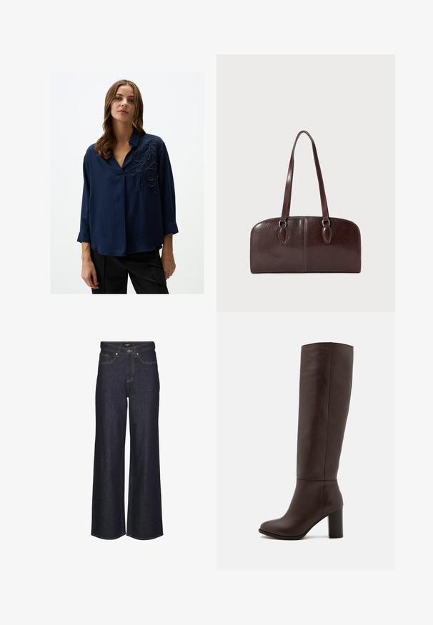 Navy blue blouse with a V-neck, 3/4 sleeves, and intricate black floral embroidery on the left side. Smooth fabric with subtle sheen.; High-waisted wide-leg jeans in dark denim. Features classic stitching, five pockets, and a button closure at the front.; Brown leather knee-high boot with a block heel, smooth texture, rounded toe, and minimal stitching details.; Brown leather handbag with two long handles, a structured rectangular shape, smooth texture, and rounded edges. Features accent details at the handles.