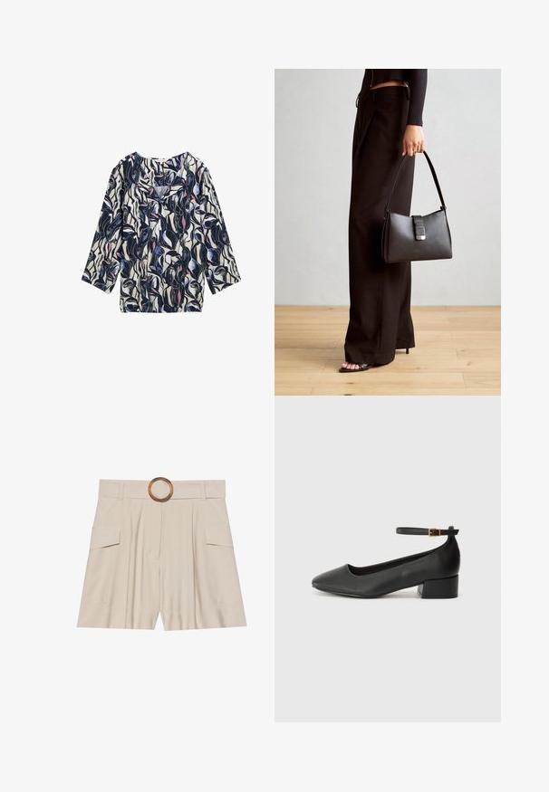 Blouse à manches longues avec un fond bleu marine et des motifs abstraits blancs, roses et bleus ; tissu doux avec une coupe décontractée et un col en V.; Shorts beiges taille haute avec une large ceinture plate, boucle circulaire en bois, devant plissé et deux poches latérales. Texture de tissu lisse.; Escarpin en cuir noir avec un bout pointu et un petit talon bloc. Doté d'une bride de cheville avec une boucle dorée. Texture lisse.; Sac à main noir à la forme structurée, texture lisse et fermoir métallique. Associé à un pantalon noir ample et des sandales ouvertes sur un sol en bois.