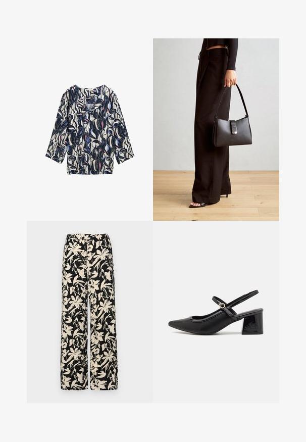Långärmad blus med marinblå bakgrund och abstrakta mönster i vitt, rosa och blått; mjukt tyg med avslappnad passform och V-hals.; Svarta vida byxor med ett krämfärgat blommönster. Tillverkade av lättviktig tyg med en slät yta och hög midja.; Svarta lackläder slingback-klackar med spetsig tå, en rundad utskärning och en blockklack. Utsmyckad med en spänne i guldton.; Svart handväska med strukturerad form, slät yta och metallspänne. Matchad med vida svarta byxor och sandaler med öppen tå på trägolv.