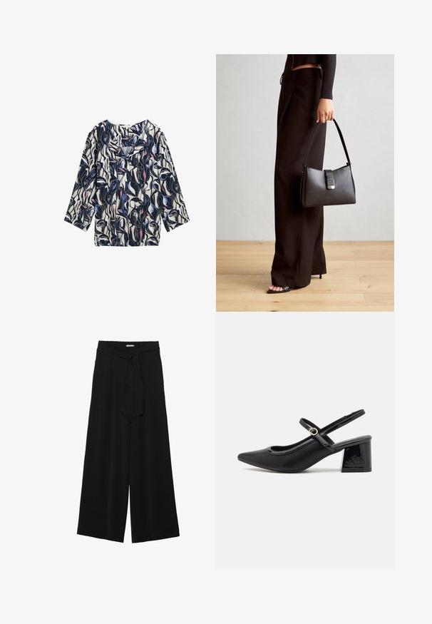 Langarmbluse mit einem marineblauen Hintergrund und abstrahierten weißen, rosafarbenen und blauen Mustern; weicher Stoff mit lockerer Passform und V-Ausschnitt.; Schwarze weite Hosen aus strukturiertem Stoff, mit elastischem Bund und einem abnehmbaren Bindegürtel in der Taille für eine verstellbare Passform.; Schwarze Lackleder-Slingback-Absätze mit spitzer Zehenform, einem runden Ausschnitt-Design und einem Blockabsatz. Mit einem goldfarbenen Schnallenakzent.; Schwarze Handtasche mit strukturierter Form, glatter Textur und einem metallischen Verschluss. Kombiniert mit weiten schwarzen Hosen und offenen Sandalen auf einem Holzboden.