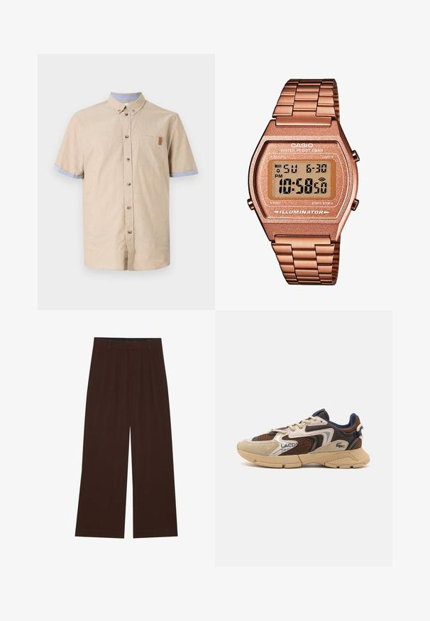 Kortærmet skjorte med knapper i beige hør med blå detaljer på ærmerne. Har en brystlomme og brune knapper. Glat tekstur.; YOURTURN UNISEX 3 PACK BASIC OVERSIZED T-SHIRT - T-shirts basic - dark brown/off-white/dark grey; Brune bredbenede bukser med plisseringer. Lavet af et glat stof, der har en skræddersyet talje og sidelommer. Flad kant nederst.; Beige og brune sneakers med strukturerede mesh-paneler, suedette detaljer og gummisål. Har snørebåndsdesign og brandede detaljer.; Digital Casio ur med et roseguld metalarmbånd, rektangulær kasse, oplyst skærm og vandtæthed, som viser tid og dato.