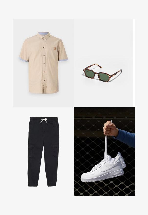 Short-sleeve button-up shirt in beige linen with blue accents on sleeves. Features a chest pocket and brown buttons. Smooth texture.; Black cargo pants made of cotton, featuring an elastic waistband with a drawstring, side pockets, and tapered cuffs.; White leather sneakers with perforations, round toe, flat sole, and thick laces, featuring a visible swoosh logo and "AIR" on the heel.; Tortoiseshell sunglasses with green lenses, featuring an octagonal shape and slim, curved arms. Material has a glossy finish.