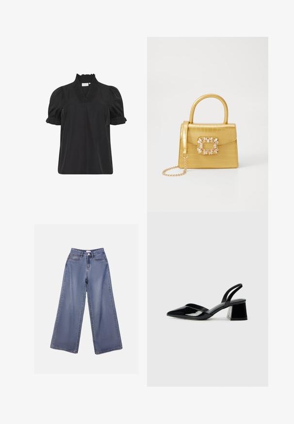 Top in cotone nero con scollo arricciato, maniche a palloncino corte e dettagli testurizzati sottili sul colletto. Design semplice e classico.; Jeans in denim a gamba ampia di un blu chiaro, caratterizzati da una vita alta, tasche frontali e una chiusura con bottone e passanti per cintura.; Décolleté in vernice nera con punta affusolata e tacco in geometria cubica. Presentano un design elegante e minimalista, con una texture liscia.; Borsa finta coccodrillo gialla con design strutturato, manico superiore, tracolla a catena removibile e abbellimenti in cristallo decorativi sulla chiusura.