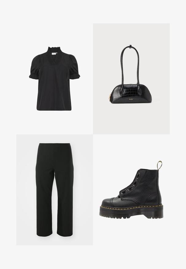 Juodas medvilnės topas su raukšlėtu apykaklės dizainu, trumpomis pūstomis rankovėmis ir subtiliais tekstūriniais akcentais ant apykaklės. Paprastas ir klasikinis dizainas.; Vero Moda Curve VMCAUGUSTA PANT - Kelnės - black; Juodas odinis aulinukas iki kulkšnies su tekstūruotu paviršiumi, apvaliu pirštu, raištelių uždarymo dizainu, geltonomis siūlėmis ir storu, briaunotu juodu platformos padu.; Juodas krokodilo rašto rankinukas su lygia tekstūra, apvalia forma ir dviem plonais rankenomis. Aukso logotipo akcentas arti apačios.; Sidabrinės auskarų įrankės, apvalios formos, glotni metalinė danga, be matomų puošmenų, lengvas dizainas, vienodas storis.