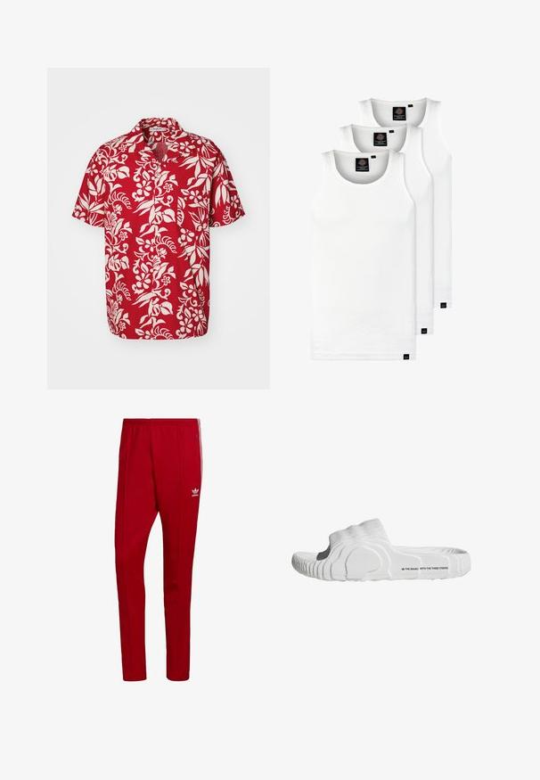 Punane lühikeste varrukatega särk valgete lillede ja lehtede mustriga. Varustatud krae ja vasakul küljel plaastritaskuga. Pehme kangatunne.; Kolm valget ribaga t-särki, mis on valmistatud puuvillast. Omavad ümmargust kaelanõhku ja väikseid musti silte hemme lähedal. Saadaval erinevates suurustes.; Punased spordipüksid elastse vöökoha, külgmiste tõmblukke taskute ja kolme valge triibuga külgedel. Omab väikest logo reie peal.; Valge libisemisvastane sandaal ribastatud kangast ülaservaga, kujundatud jalanõu seesmise osaga ja tekstuurse kummist tallaga, millel on brändi logo külje peal.