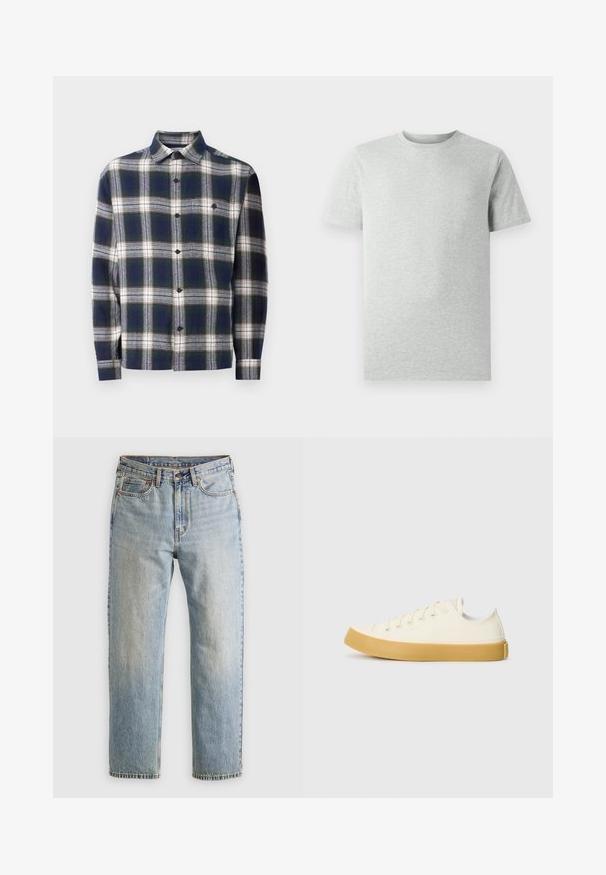 Herren Langarm-Hemd mit Knopfleiste im großen Karo-Muster in Marineblau, Weiß und Grün sowie einer einzelnen Brusttasche.; Ein einfarbiges, hellgraues T-Shirt mit kurzen Ärmeln und Rundhalsausschnitt, auf einem weißen Hintergrund, Frontansicht, ohne sichtbare Logos oder Designs.; Helle blaue Jeans mit hoher Taille, Frontknopf, Reißverschluss und fünf Taschen-Design, flach auf einem neutralen Hintergrund ausgelegt.; Leinensneaker in Off-White mit runder Zehenpartie, ausgestattet mit beigen Gummisohlen und fünf Ösen für Schnürsenkel, mit strukturiertem Finish auf dem Obermaterial.