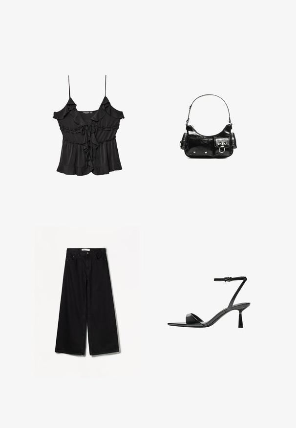 Črna brezrokavna bluza z nabranimi detajli, z vezavo pri ovratniku in razširjenim robom. Narejena iz lahkega, teksturiranega materiala.; Bershka WIDE-LEG - Široke hlačnice - black; Bershka Sandali z visoko peto - black; Črna lakasta usnjena torbica s ukrivljeno obliko, enim ramenskim trakom, sprednjimi žepi in srebrnimi kovinskimi dodatki.