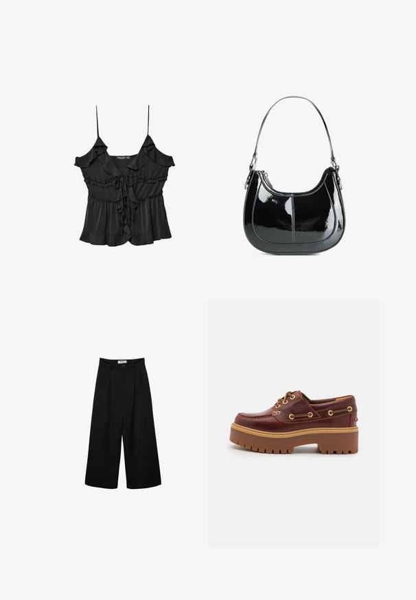 Črna brezrokavna bluza z nabranimi detajli, z vezavo pri ovratniku in razširjenim robom. Narejena iz lahkega, teksturiranega materiala.; Črne široke hlače s visokim pasom, sploščeno spredaj in gumbom za zapiranje. Narejene so iz gladkega materiala s krojem po meri.; Rjavi usnjeni čolnar s debelim rjavim gumijastim podplatom, zlatimi luknjicami in kontrastnim šivom. Ima logotip na strani.; Črna patentna usnjena torbica s ukrivljenim dizajnom, zadrgo in eno naramnico, ki ima kovinske dodatke srebrne barve in šive.
