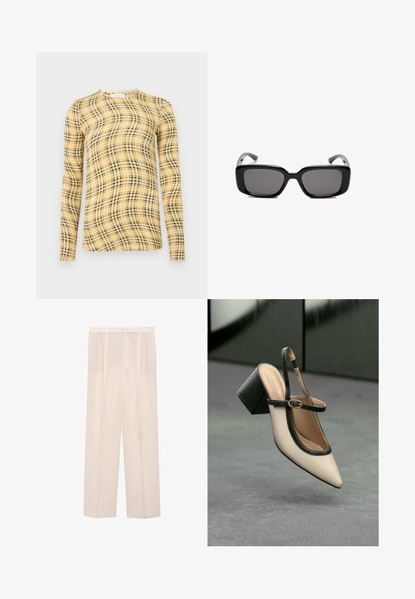 Rabanne Top s dlhým rukávom - green/yellow/cream; Béžové široké nohavice s plisovaním a hladkou textúrou. Obsahujú upravený pás a dve bočné vrecká.; Béžová lodička so špicatou špičkou, s čiernym lemom, zlatou prackou a robustným blokovým podpätkom na šedom podlahe s tmavozeleným pozadím.; Čierne obdĺžnikové slnečné okuliare s tmavými sklami, hladkým plastovým rámom a zakrivenými stranami. Dizajn je robustný s minimalistickou estetikou.