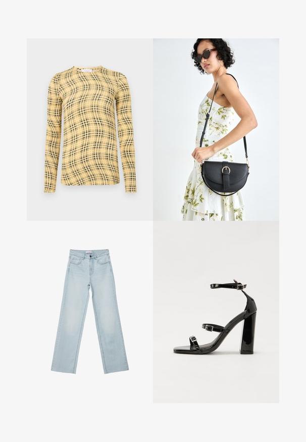 Rabanne Majica z dolgimi rokavi - green/yellow/cream; Svetlo modri široki kavbojke izdenima. Imajo pet žepov, gumbasto zaponko in zbledela podrobnost. Klasičen naravnost kroj s prostornim prileganjem.; Črne lakaste sandale z visokimi petami, z dvema trakovoma z zaponkama, kvadratnim sprednjim delom in masivno širšo peto, z gladko, sijočo teksturo.; Črna usnjena torbica s ukrivljeno obliko, z odstranljivo naramnico in zlatimi dodatki. Torbica ima pokrov s podrobnostmi v obliki zaponke.