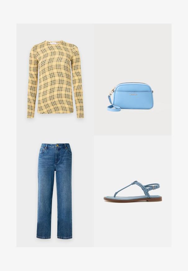 Rabanne Μπλούζα με μακριά μανίκια - green/yellow/cream; Μπλε ψηλόμεσα τζιν με ίσια κοπή ποδιού, κατασκευασμένα από τζιν, με πέντε τσέπες και λεπτομέρειες από χρυσό τόνο.; Μπλε δερμάτινη σανδάλι με επίπεδη σόλα, με λεπτό σχέδιο λουριού και κλείσιμο με πόρπη στον αστράγαλο για ασφαλή εφαρμογή.; Φωτεινό μπλε δερμάτινο τσάντα σώματος με χρυσές λεπτομέρειες, κλείσιμο με φερμουάρ και μπροστινή τσέπη. Διαθέτει ρυθμιζόμενο λουράκι για ευκολία.