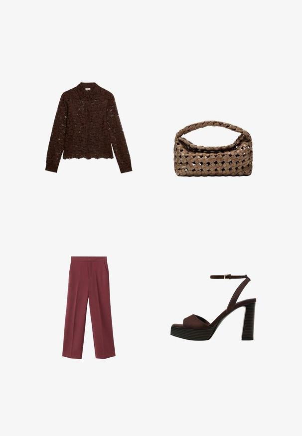 Bruine kant blouse met lange mouwen, bloemenpatroon, knoopsluiting en een kraag. Doorzichtig textuur, korte zoomlengte en gedetailleerd bloemenontwerp.; Bordeaux brede broek met een zachte textuur, voorzien van zijzakken en een hoogtaille ontwerp. Strak gesneden met een nette voorplooi.; Bruine suède high-heeled sandaal met een open teen, verstelbare enkelband en een gestreepte plateauzool.; Geweven bruine handtas met een rechthoekige vorm, gestructureerd handvat en een textuurrijk oppervlak. Heeft een gesloten bovenkant en een ingewikkeld vlechtpatroon.