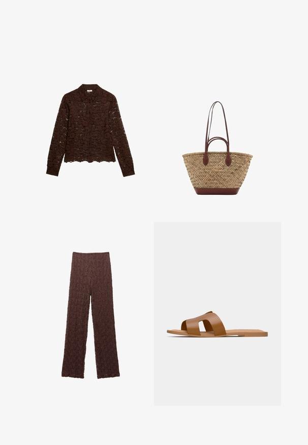 Brun blondedragt med lange ærmer, blomstermønster, knaplukning og krave. Gennemsigtig tekstur, cropped kant og detaljeret blomstermønster.; Brune teksturerede bukser med en krøllet overflade, brede ben og elastisk talje. Stoffet ser blødt og let strækbart ud.; Brune flade sandaler med brede krydsede stropper lavet af glat syntetisk materiale og en flad, minimalistisk sål.; Vævet strå tote taske med flettet tekstur, mørkebrune læderhåndtag og bund, bred cirkulær form og åben topdesign.; Stradivarius SET - Armbånd - dark brown