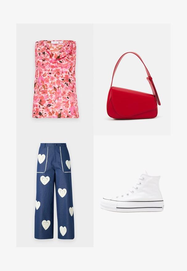 Bezgala topiņš ar cowl kakla izgriezumu, ziedu raksts rozā, oranžās un brūnās krāsās, gluda tekstūra, izgatavots no viegla auduma.; Sister Jane HEART TO HEART - Džinsi ar taisnām starām - blue denim; Balti augstie kanvas sporta apavi ar melnu gumijas zoli, priekšējo gumijas purngalu un sešām acīm lencēm, kuriem ir tīrs, minimālistisks dizains.; Sarkans ādas rokassomi ar stūrainu, ģeometrisku dizainu. Iekļauj vienu regulējamu siksnu un vāku ar izšūtu detaļu.