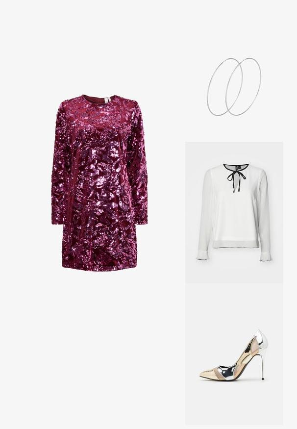 Valge pika varrukaga pluus ümarate kaelustega, musta lipsu detailiga ja volangkäistega. Sile tekstuur, millele lisavad kontrasti mustad äärised.; Burgundia sädelev kleit pikkade varrukatega, ümar kaelus ja tekstuuriga lillemuster. Kanga pind on läikiv ja pehme.; Kitsas toe kõrge kontsaga kingad, millel on hõbedane, kuldne ja nude värvilahendus. Läikiv viimistlus lõikekujundusega, stiletto konts.; Hõbedane metallikoti kott pehme, ümar kuju ja sõlme ülemise sulgemisega. Valmistatud siledast kunstnahast materjalist.; Hõbedased rõngastikkaehingad minimalistlikus disainis. Ümar kuju, sile tekstuur ja õhuke profiil. Kerged ning poleeritud viimistlusega.