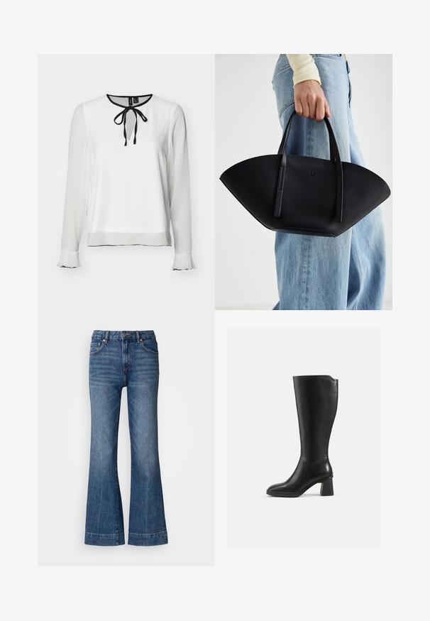 Bijela bluzica dugih rukava s okruglim izrezom, crnim detaljem vezanja i nabranim manžetama. Glatka tekstura, naglašena kontrastnim crnim rubovima.; Traperice s izrezanim rubovima u tamnoplavoj boji. Imaju pet džepova, petlje za remen i narančaste šavove. Glatka tekstura s klasičnim krojem.; Crne kožne čizme do koljena sa kvadratnim blok potplatom. Glatka tekstura, prilagođeni dizajn, minimalni detalji šivanja i zaobljeni vrh.; Crna kožna torba jedinstvenog oblika ventilatora, s ravnim ručkama. Površina ima teksturu sličnu šljunku i minimalistički dizajn.