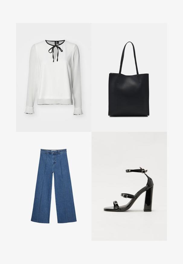 Camicia bianca a maniche lunghe con scollatura rotonda, dettaglio di cravatta nera e polsini a plissé. Texture liscia, accentuata da bordi neri a contrasto.; Jeans in denim a gamba larga di blu medio, con vita alta, chiusura con bottone e dettagli delle cuciture verticali a contrasto lungo la parte anteriore.; Sandali con tacco in vernice nera, con punta squadrata, cinturini alla caviglia e fibbie in argento. Presentano un tacco a blocco spesso per maggiore stabilità.; Borsa tote in pelle nera con texture liscia, forma rettangolare e due manici lunghi. Nessun hardware o decorazione visibile.