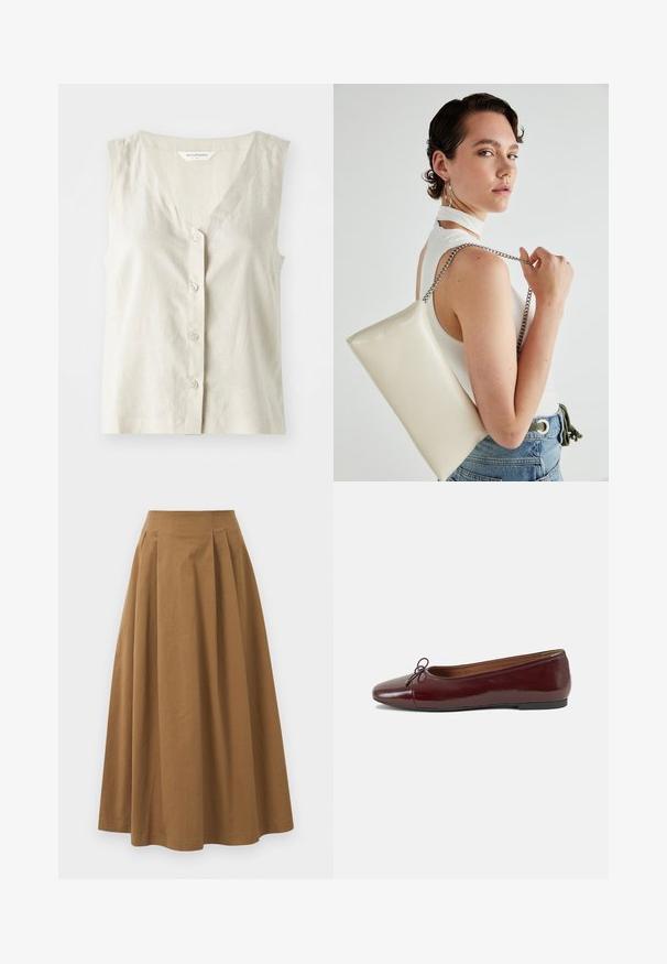 Lichtbeige linnen mouwloze top met een V-hals en vijf knoopsluitingen. Heeft een subtiele textuur en een rechte zoom.; Bruine katoen A-lijn rok met een hoge taille, voorzien van plooien aan de voorkant en een gladde textuur. De zoomafwerking is schoon en eenvoudig.; Bordeaux gepatenteerd lederen ballerina met een ronde neus, een klein strikaccent aan de voorkant en een lage, zwarte rubberen zool. Glad textuur.; Witte rechthoekige clutch tas gemaakt van glanzend materiaal, met een zilveren kettingband. Model poseert en toont de tas tegen een effen achtergrond.