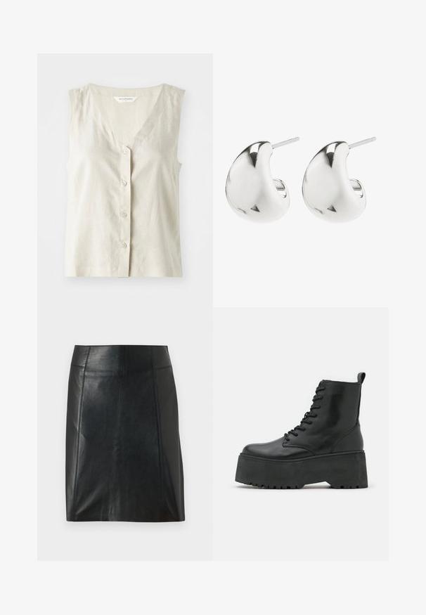 Šviesiai smėlinis lininis be rankovių marškinėliai su V formos iškirpte ir penkių mygtukų uždarymu. Turėtų subtilų raštą ir tiesią apatinę briauną.; Juodas odinis sijonas su prigludusia forma. Sklandžiai tekstūra, siūlės apibrėžiančios formą ir tiesus apvadas. Minimalistiškas ir elegantiškas išvaizda.; Juodos aulinės batai su masyviu platformos padu, pagaminti iš minkštos odos, su raištelių dizainu ir užtrauktuku gale.; Sidabriniai auskarai su glotnia, lenkta forma. Jie turi poliruotą paviršių ir kaištinę užsegimą, kad būtų saugu juos nešioti.