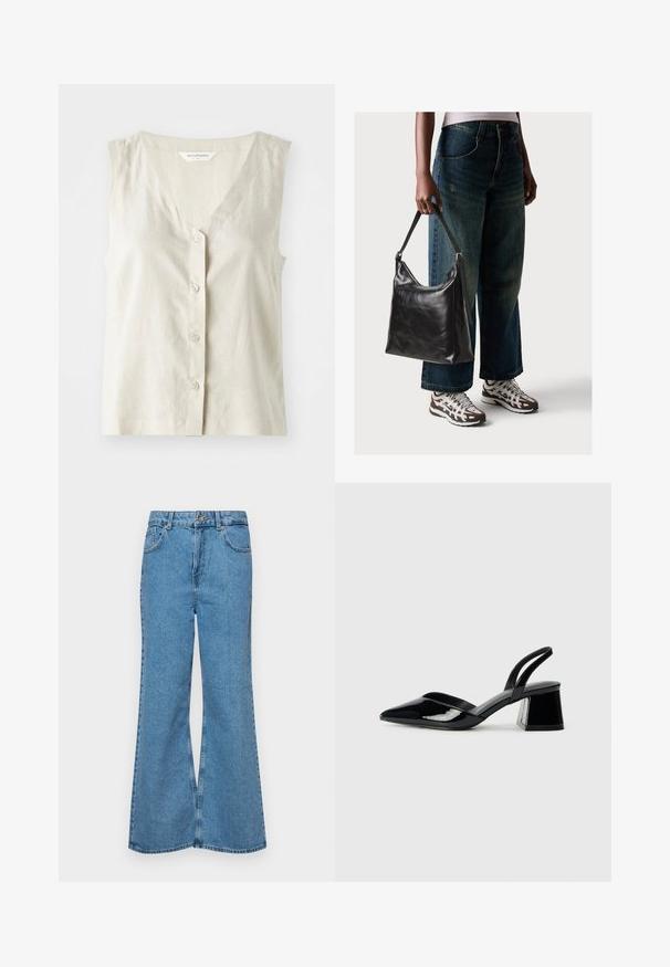 Top sem mangas de linho em bege claro com decote em V e fecho de cinco botões. Apresenta uma textura sutil e barras retas.; Jeans de brim azuis claros, com corte à boca de sino, apresentando uma cintura alta, cinco bolsos e um fecho de botão único. Textura macia com acabamento desbotado.; Sandy em verniz preto com salto slingback, ponta afilada e salto geométrico. Apresenta um design elegante e minimalista com textura suave.; Bolsa de ombro em couro preto com textura suave e alça ajustável, combinada com jeans de perna larga desbotados e ténis desportivos.