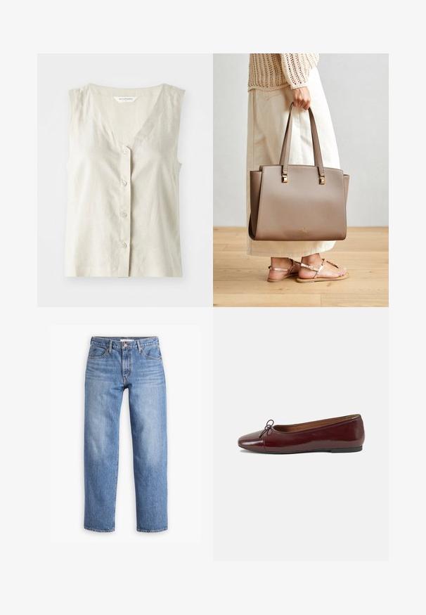 Lys beige linned ærmeløs top med V-hals og fem knaplukninger. Har en subtil tekstur og lige kant.; Lyseblå denimjeans med lige pasform, fem lommer og lynlåsgylf. Stoffet har en klassisk tekstureret overflade med let falming.; Bordeaux patentlæder balletflad med rund tå, lille sløjfeaccent foran og en lav, sort gummisål. Glat tekstur.; Brun kunstlæder taske med to lange håndtag, firkantede metalaccenter og et subtilt logo. Båret med en lys kremfarvet nederdel og sandaler.