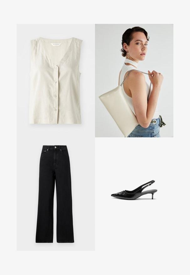 Top senza maniche in lino di un beige chiaro, con scollatura a V e chiusura a cinque bottoni. Presenta una texture sottile e un orlo dritto.; Jeans in denim nero a vita alta con un design a gamba larga, dotati di cinque tasche e dettagli in metallo argentato. Tessuto complessivamente morbido.; Tacchi slingback in pelle nera con punta affusolata, piccolo tacco kitten e un dettaglio a nodo decorativo sulla parte anteriore. Texture liscia su tutta la superficie.; Borsa a pochette rettangolare bianca realizzata in materiale lucido, con una tracolla in catena argentata. Il modello posa, mostrando la borsa su uno sfondo semplice.