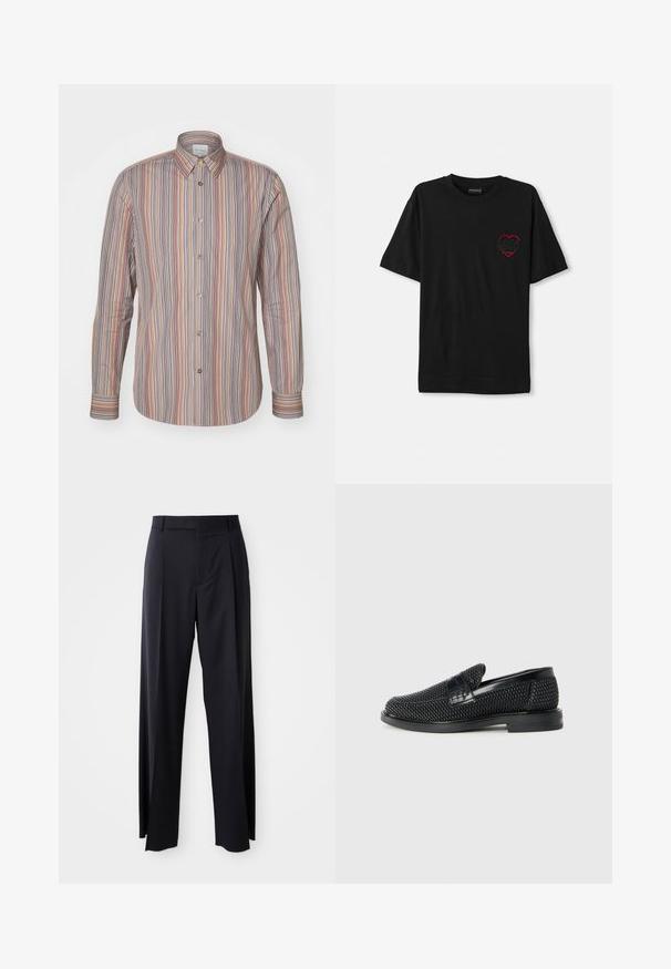 Pásikavá košeľa s gombíkmi, ktorá má vertikálne pruhy v rôznych farbách. Dlhé rukávy, klasický golier a hladká textúra látky.; Čierne bavlnené tričko s krátkymi rukávmi, na ľavej hrudi s výšivkou červeného srdca. Klasický okrúhly výstrih, voľný strih.; Čierne, vysoké nohavice so širokým strihom, vyrobené z hladkej látky. Obsahujú predné skladby a pútka na opasok. Minimalistický dizajn, bez viditeľnej kovania.; Čierne tkané slip-on topánky s hladkým koženým akcentom na vrchnej časti, s okrúlym dizajnom špičky a nízkoprofilovou gumovou podrážkou.