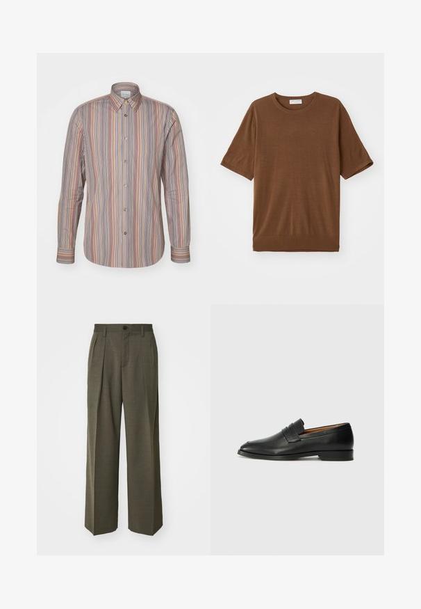 Rutet knappskjorte med vertikale linjer i forskjellige farger. Lange ermer, klassisk krage og en glatt tekstur.; Brun kortermet t-skjorte laget av mykt stoff, med rund halsutskjæring og en litt løs passform med ribbestrikket kant.; Filippa K WIDE TROUSERS - Bukse - driftwood; Svart skinnloafer med rund tå, subtilt sydd detaljering og lav hæl, med en glatt tekstur og minimalistisk design.