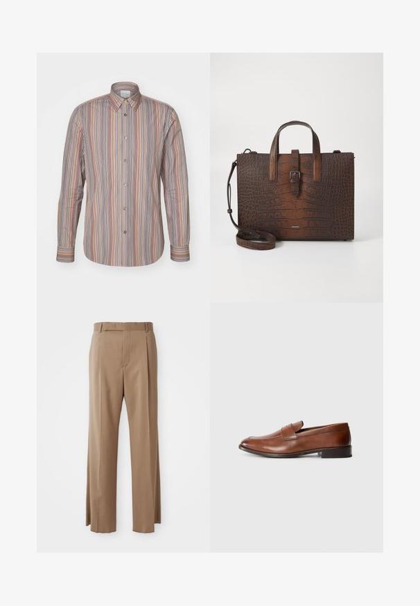 Raitapaita, jossa on pystysuoria viivoja eri väreissä. Pitkät hihat, klassinen kaulus ja sileä kangas.; Vaaleanruskeat räätälöidyt housut, joissa on suorat lahkeet, vyölenkit, etusauma ja piilovetoketju, esillä litteänä valkoista taustaa vasten.; Ruske nahkakengät, joissa on pyöreä kärki, minimaalinen ommel ja matala lohkopohja. Ominaisuuksiin kuuluu koristeellinen hihna vampin poikki.; Ruskea krokotiilien kuviollinen nahkakäsilaukku, jossa on yläkahvat ja irrotettava olkahihna. Ominaisuuksiin kuuluu solkilukko ja suorakulmainen muoto.