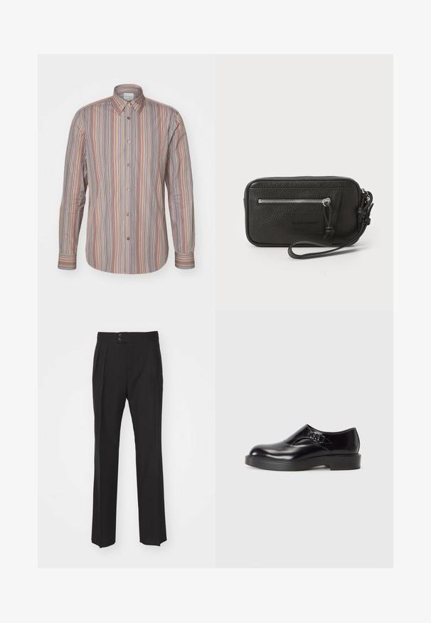 Juostuota marškiniai su ilgomis rankovėmis, klasikinio apykaklės, pagaminti iš lygaus audinio ir su vertikaliomis įvairių spalvų linijomis.; Juodi pritaikyti kelnių, turinčių tiesų kojų dizainą, dvi priekinės kišenės ir dvigubą mygtuko užsegimą liemenyje. Lygus audinio paviršius.; Juodos odinės bateliai su apvaliu nosiu, žemu juodu kulniuku ir dekoratyvia juostele. Lygus paviršius su blizgiu apdaila.; Juodas odinis delninukas su tekstūruotu paviršiumi, priekinė užtrauktuko kišenė ir nuimama riešo juosta. Priekyje yra logotipo etiketas. Stačiakampio formos.