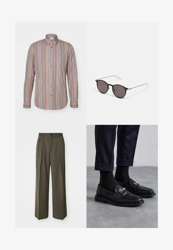 Camicia a righe con bottoni caratterizzata da linee verticali di vari colori. Maniche lunghe, colletto classico e una superficie in tessuto liscia.; Filippa K WIDE TROUSERS - Pantaloni - driftwood; Mocassini in pelle nera con finitura testurizzata, dettagli in metallo argentato, abbinati a calze scure e pantaloni navy con risvolto.; Occhiali da sole neri rotondi con lenti scure e sottili bracci in metallo. Include punte trasparenti e accenti argentati alla cerniera. Design minimalista.