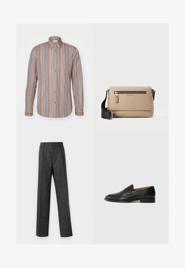 Pruhovaná košile s knoflíky, zdobená vertikálními pruhy v různých barvách. Dlouhé rukávy, klasický límec a hladká textilie.; Šedé kalhoty na míru vyrobené z texturované tkaniny, s dvěma předními záhyby a rovnými nohavicemi. Bez viditelných kapes nebo ozdob.; Černé kožené mokasíny s kulatou špičkou, jemným prošíváním a nízkým podpatkem, s hladkým povrchem a minimalistickým designem.; Béžová kožená kabelka přes tělo s texturovaným povrchem, obsahující přední kapsu na zip a nastavitelné černé ramínko. Logo umístěné vpředu.
