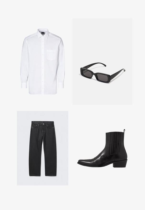 Witte overhemdd met lange mouwen, knoopsluiting aan de voorkant, één borstzak, klassieke kraag en een gladde textuur.; Zwarte denim jeans met een rechte pijp, voorzien van een knoopsluiting, vijf zakken en hardwareaccenten in koperkleur. Soepele textuur.; Zwarte leren enkellaarzen met een spitse neus, elastische zijpanele, verticale stiksels en een lage blokhak.; Zwarte rechthoekige zonnebril met donkere lenzen, glanzende afwerking, brede pootjes en een robuust frameontwerp. Gegraveerde merknaam op één van de pootjes.; Bordeaux zijden stropdas, smalle vorm met een stevige textuur. Heeft een puntige punt, consistente kleur en een gladde afwerking.
