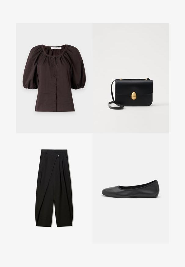 Blusa marrone scuro con maniche a sbuffo e scollatura rotonda, dotata di sei bottoni frontali. Realizzata in tessuto leggero con una finitura testurizzata.; Pantaloni neri a gamba larga realizzati in tessuto morbido, con pieghe frontali, chiusura con bottone e un design sartoriale per una silhouette ben definita.; Pantofole da balletto nere in pelle con punta arrotondata, texture liscia, dettagli di cucitura minimi e design con suola flessibile.; Borsa a tracolla in pelle nera con forma rettangolare strutturata. Presenta una chiusura ovale dorata e una sottile tracolla. Texture liscia.