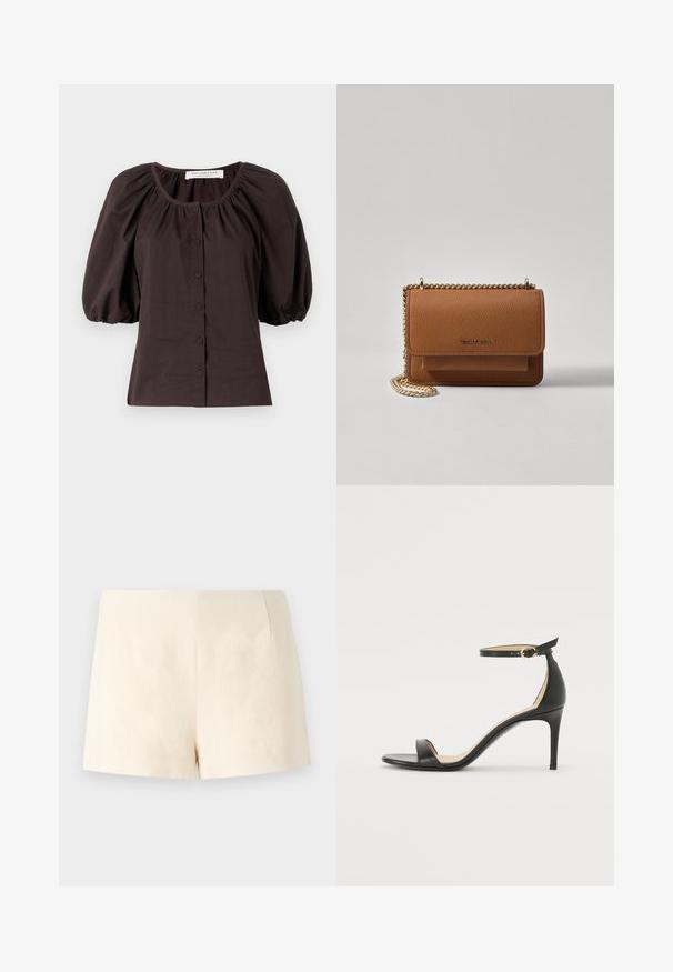 Mørkebrun bluse med puffærmer, rund halsudskæring og seks knapper foran. Lavet af letvægtsstof med en tekstureret overflade.; Beige skræddersyede shorts lavet af letvægtsstof, med en glat tekstur, rene linjer og ingen synlige lukninger eller lommer.; Sort læder højhælede sandaler med ankelrem. Har en glat tekstur, åben tå og en tynd hæl. Guldtonet spænde detalje.; Brun tekstureret læder crossover-taske med guldkæde-rem og klaplukning. Forsiden har logo-detalje og en lomme under klappen.