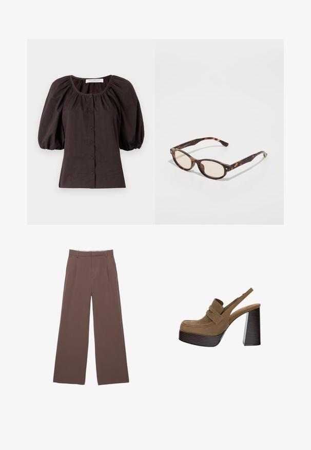 Sötétbarna puffujjú blúz kerek nyakkivágással és hat gombbal elöl. Könnyű anyagból készült, textúrált felülettel.; Széles szárú nadrág egyszínű barna anyagból, sima textúrával, elöl pliszékkel és szabott derékpánttal. Nincsenek látható logók vagy minták.; Barna velúr platform sarkú cipők vastag, bordázott blokk sarkakkal és széles pánttal a felső részen, lekerekített orrformával.; Tortáboros napszemüveg lekerekített formával és világos lencsékkel. Masszív karokkal rendelkezik, apró arany részletekkel, műanyagból készült.