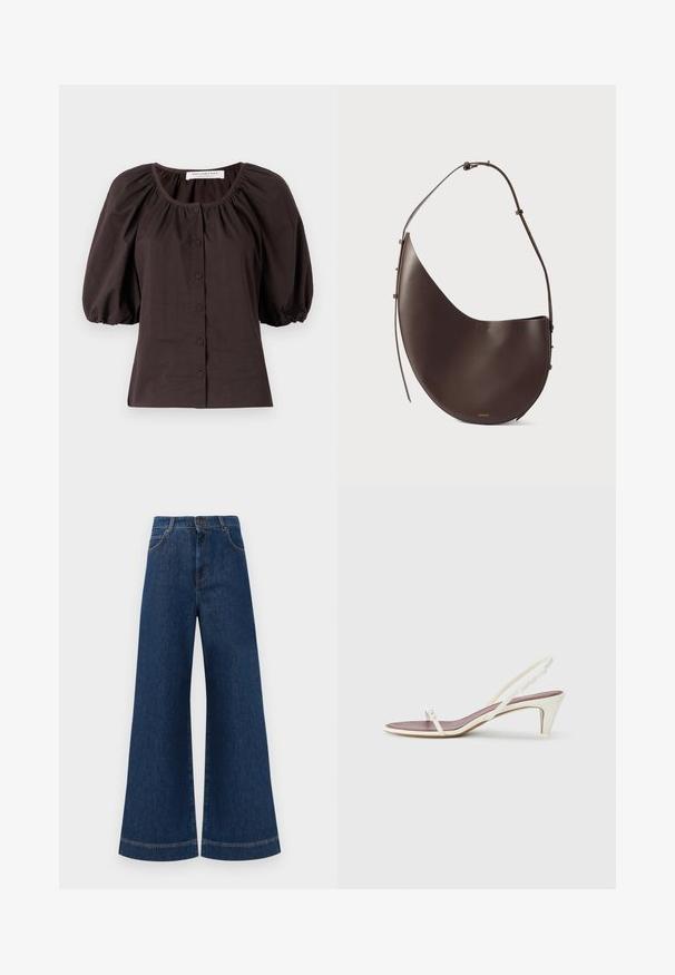 Tamsiai ruda pūstuvių rankovių palaidinė su apvaliu kaklu ir šešiais mygtukais priekyje. Pagaminta iš lengvos medžiagos su tekstūrine apdaila.; Plati mėlynos džinsinės kelnės su aukštu liemeniu, turinčios mygtukų užsegimą, diržo kilpas ir subtilius siuvinėjimo akcentus ant kišenių bei apdailos.; Baltos slingback šlepetės su lengvu kulnu, plonais dirželiais ir lygia odos tekstūra; turi mažą dekoratyvinę sagtelę.; Ruda odinė rankinė, turinti kreivą formą, vieną diržą ir minimalistinį dizainą. Sukurta su subtiliu logotipu ir auksiniais detalėmis.