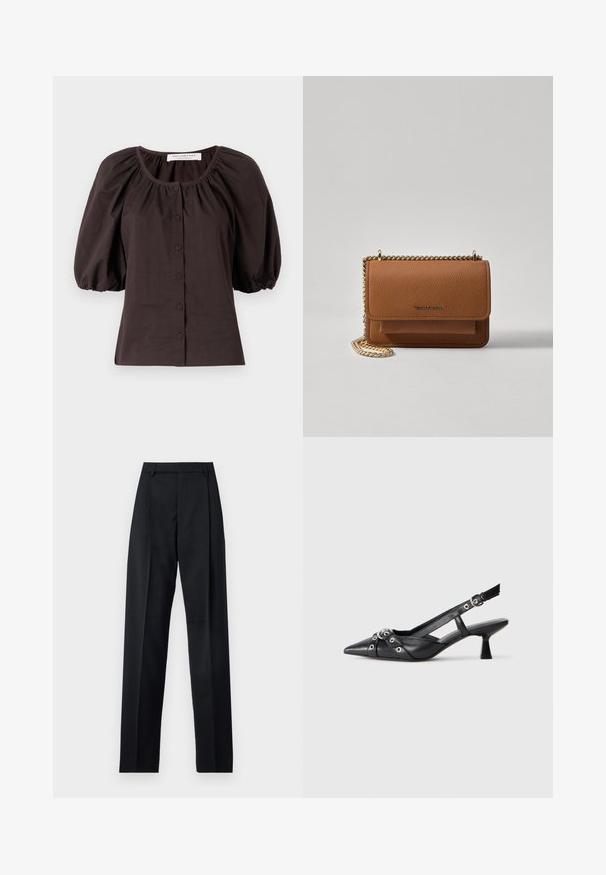 Blusa marrone scuro con maniche a sbuffo e scollatura rotonda, dotata di sei bottoni frontali. Realizzata in tessuto leggero con una finitura testurizzata.; Pantaloni neri realizzati in tessuto morbido, caratterizzati da vita alta, gambe larghe, pince frontali e classiche passanti per cintura. Non ci sono tasche laterali visibili.; Scarpa slingback nera in pelle con punta affusolata, cinturini decorativi con occhielli metallici e tacco basso a blocco. Superficie testurizzata.; Borsa a tracolla in pelle marrone con texture, dotata di catena dorata e chiusura a pattina. Sul davanti presenta un dettaglio con logo e una tasca sotto la pattina.