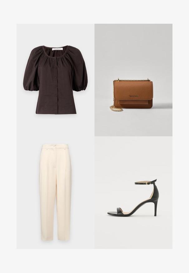 Tumši brūnas puff-sleeves blūze ar apaļu kakla izgriezumu un sešiem pogām priekšpusē. Izgatavota no viegla auduma ar teksturētu apdari.; Beige pielāgotas bikses ar taisnu piegriezumu, priekšpusē ar krokām, gluda tekstūra un vidējas augstuma jostasvieta. Nav redzamu kabatu.; Melnas ādas augstpapēžu sandales ar potītes siksniņu. Iezīmes gluda tekstūra, atvērta purngala un plāna papēža. Zelta krāsas sprādzes detaļa.; Brūna teksturēta ādas plecu soma ar zelta ķēdes siksnu un atloka aizdari. Priekšpusē ir logotipa detaļa un kabata zem atloka.